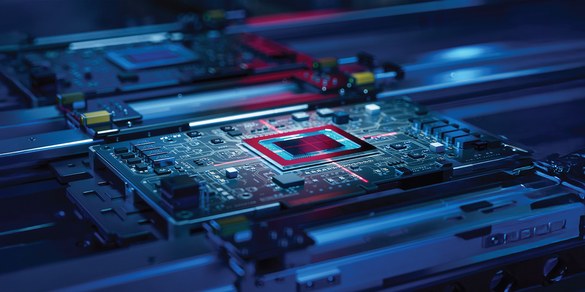 Detailed close-up of a computer motherboard highlighting its complex circuitry and connections.