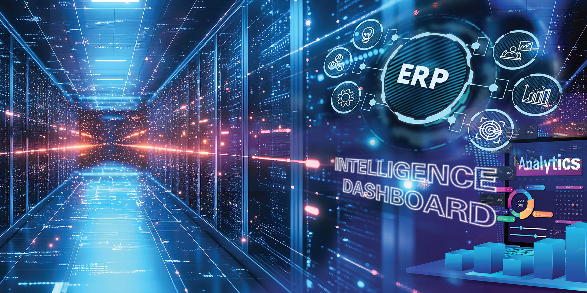 Visual representation of ERP system with data analytics features, showcasing graphs and performance metrics.