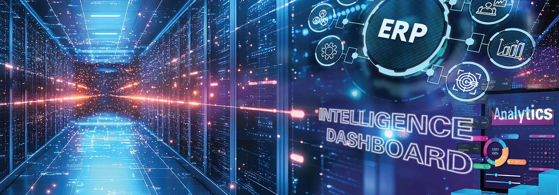 Visual representation of ERP system with data analytics features, showcasing graphs and performance metrics.