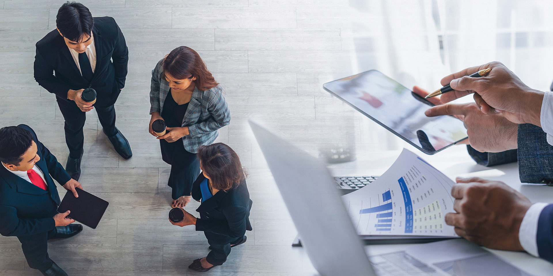 A group of business people engaged with a tablet, sharing insights and ideas in a collaborative setting.