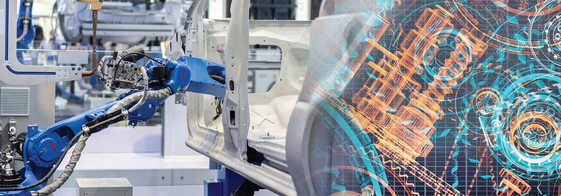 A robot is assembling parts on a car in a factory setting, showcasing advanced automation in vehicle production.