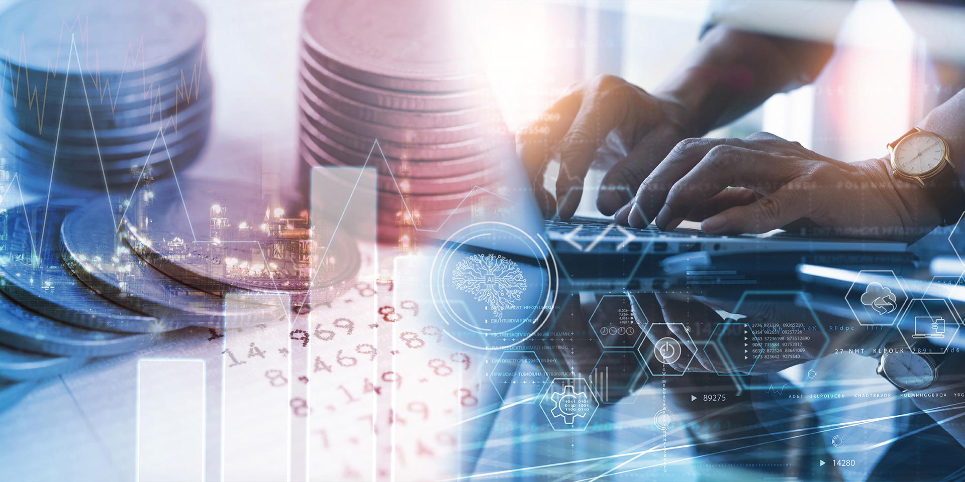 A man engaged with his laptop, surrounded by coins on the table, indicating a financial context.
