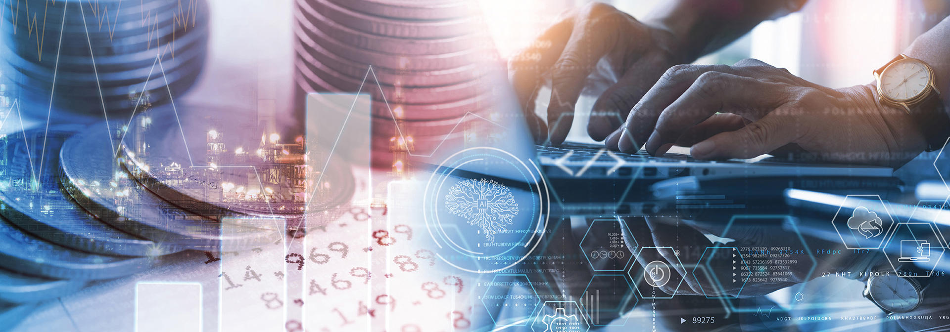 A man engaged with his laptop, surrounded by coins on the table, indicating a financial context.
