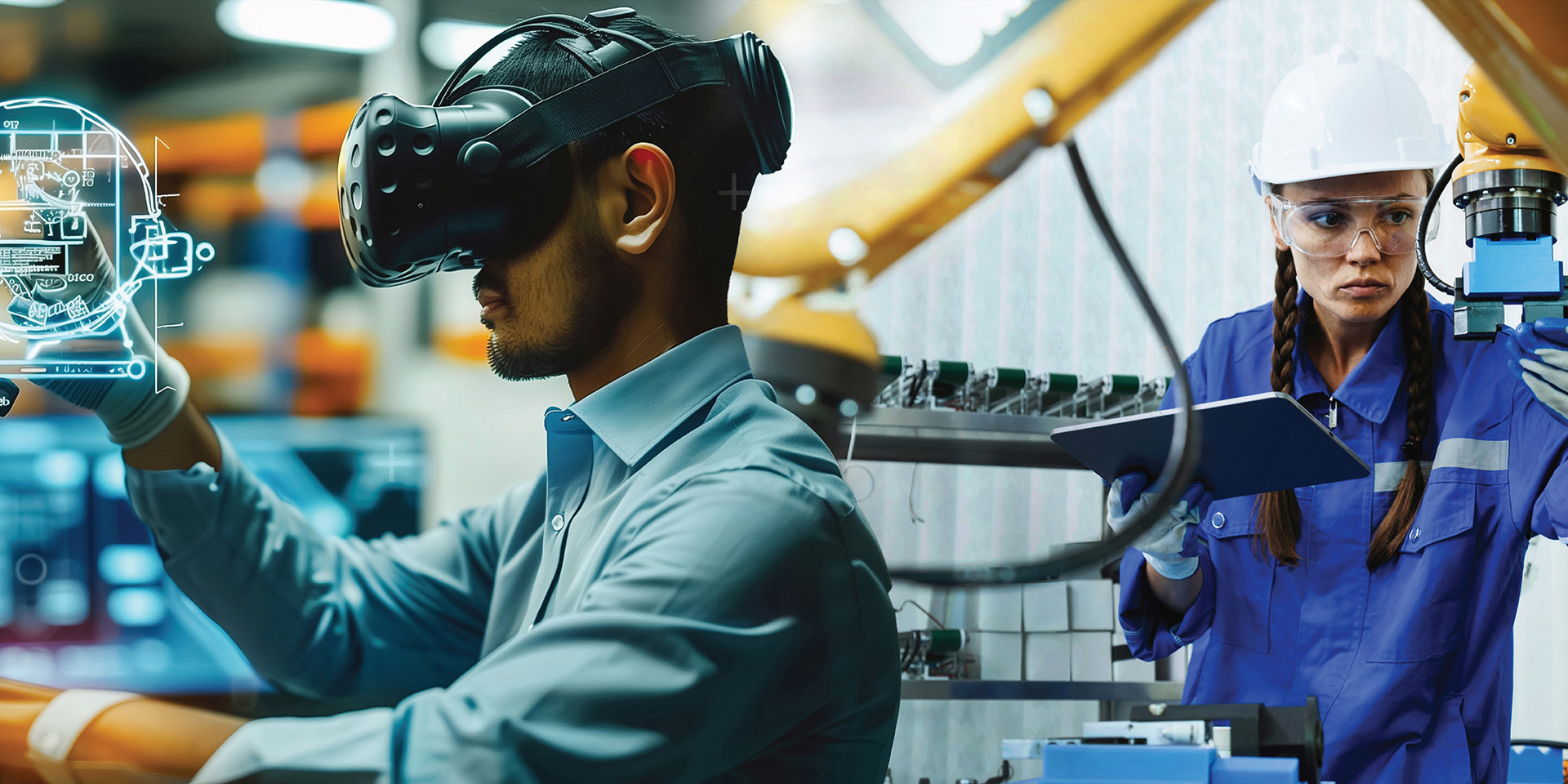 A man in a VR headset beside a woman working in an industrial area, showcasing technology and industry collaboration.