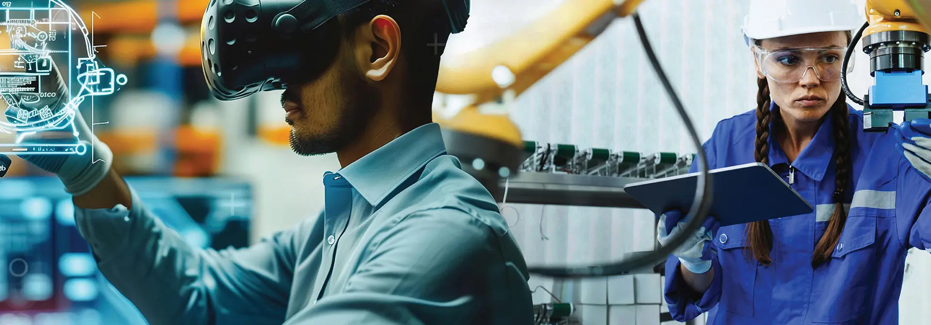 A man in a VR headset beside a woman working in an industrial area, showcasing technology and industry collaboration.