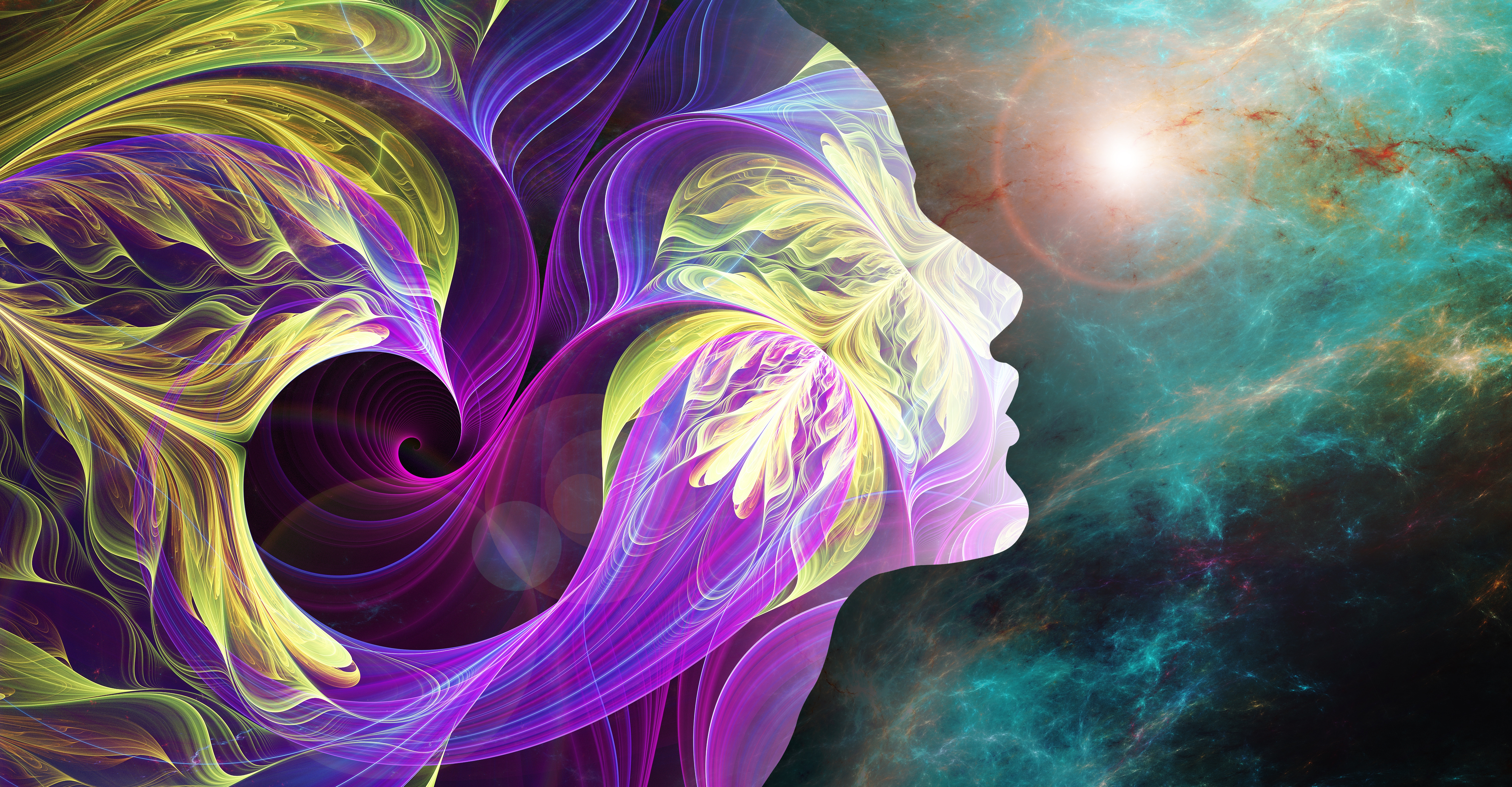 An abstract image of a human profile with swirling colors and a cosmic background