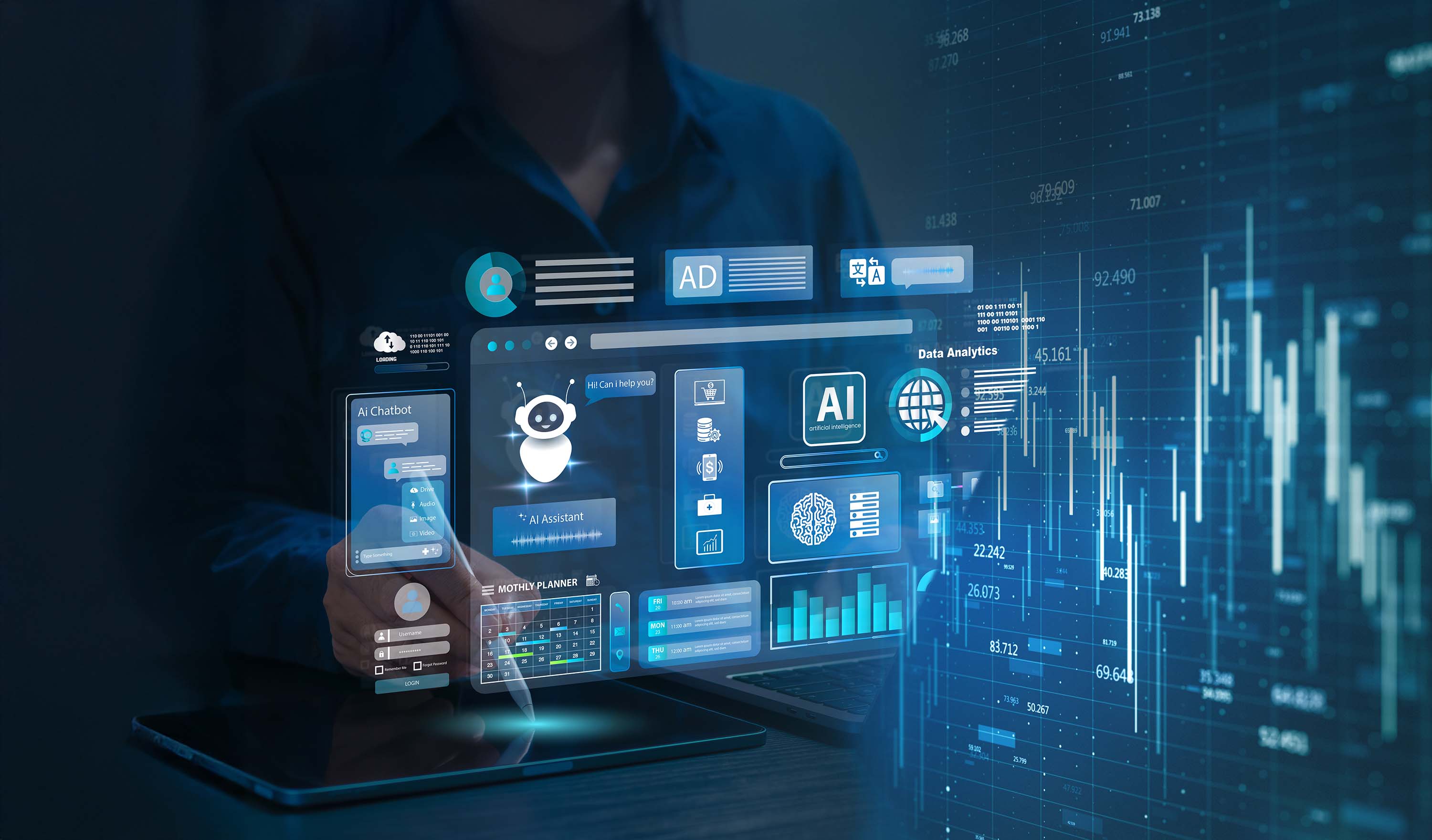 A hologram of AI and chatbot features resulting from a tablet interaction