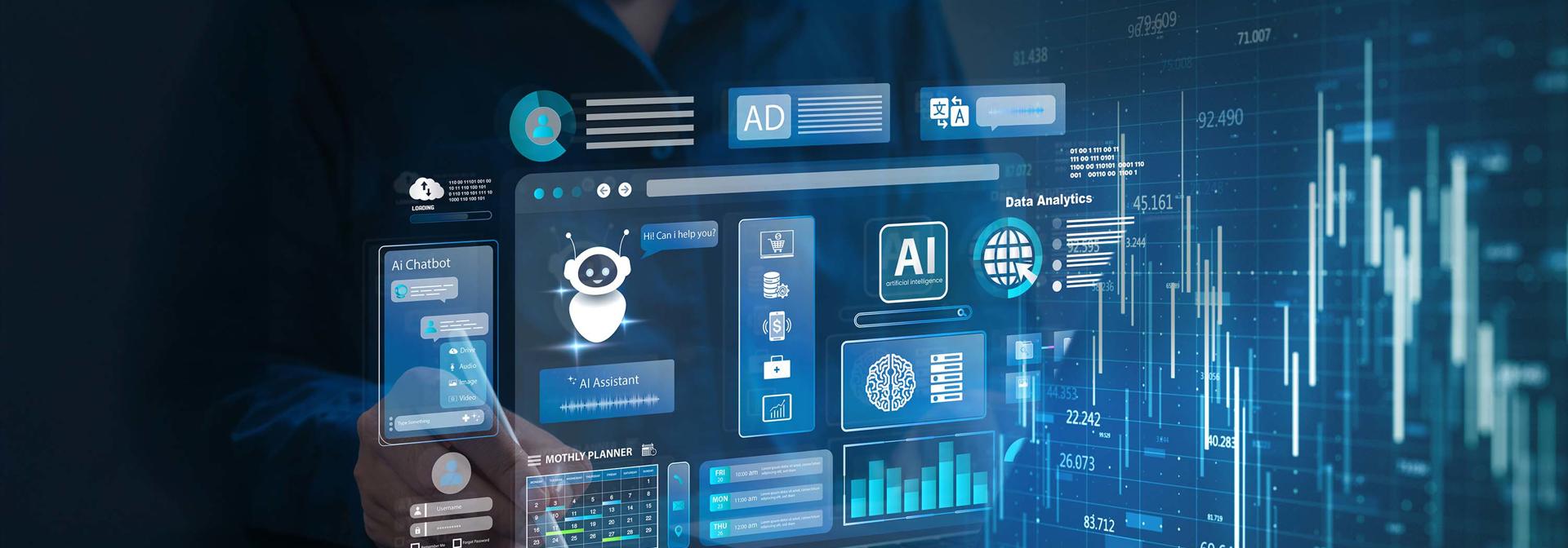 A hologram of AI and chatbot features resulting from a tablet interaction