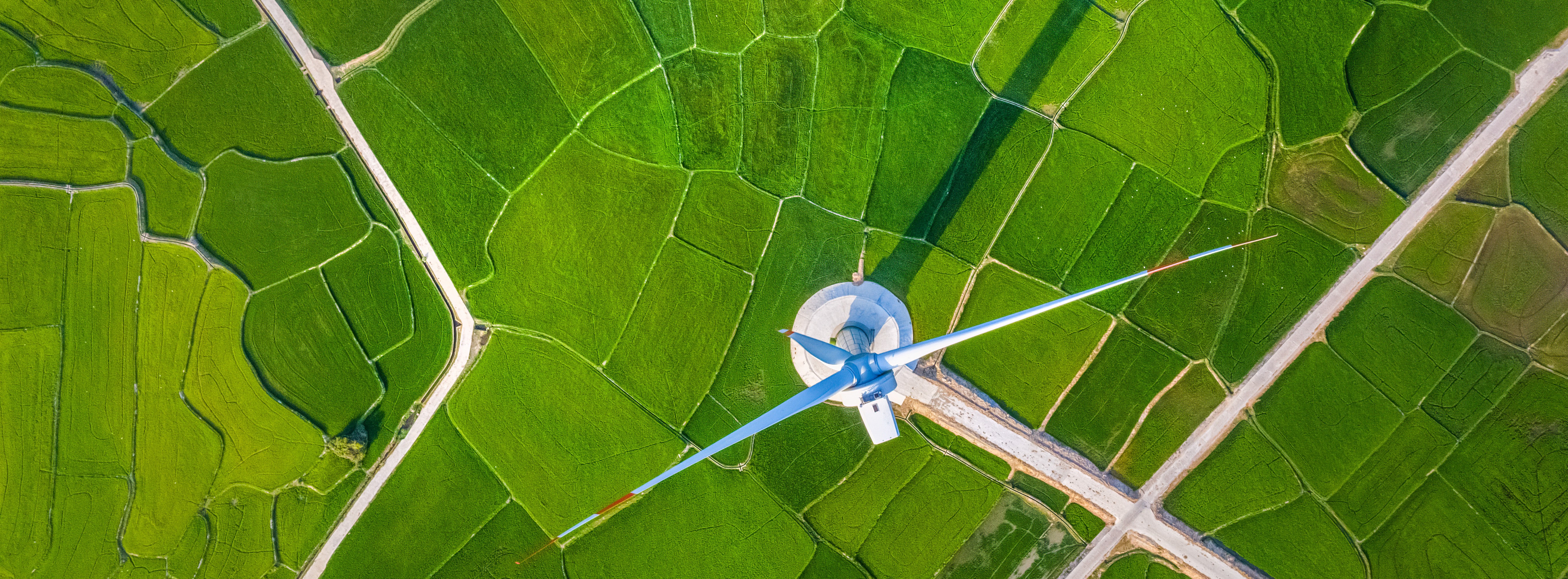 A green landscape with long walking paths to a single wind turbine from a bird's eye view.