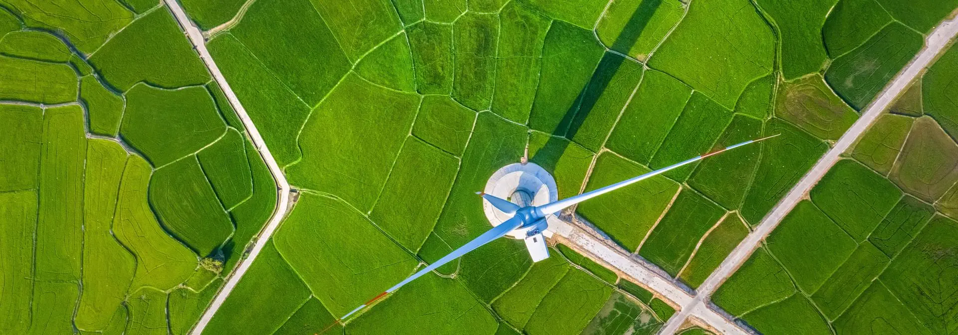 A green landscape with long walking paths to a single wind turbine from a bird's eye view.