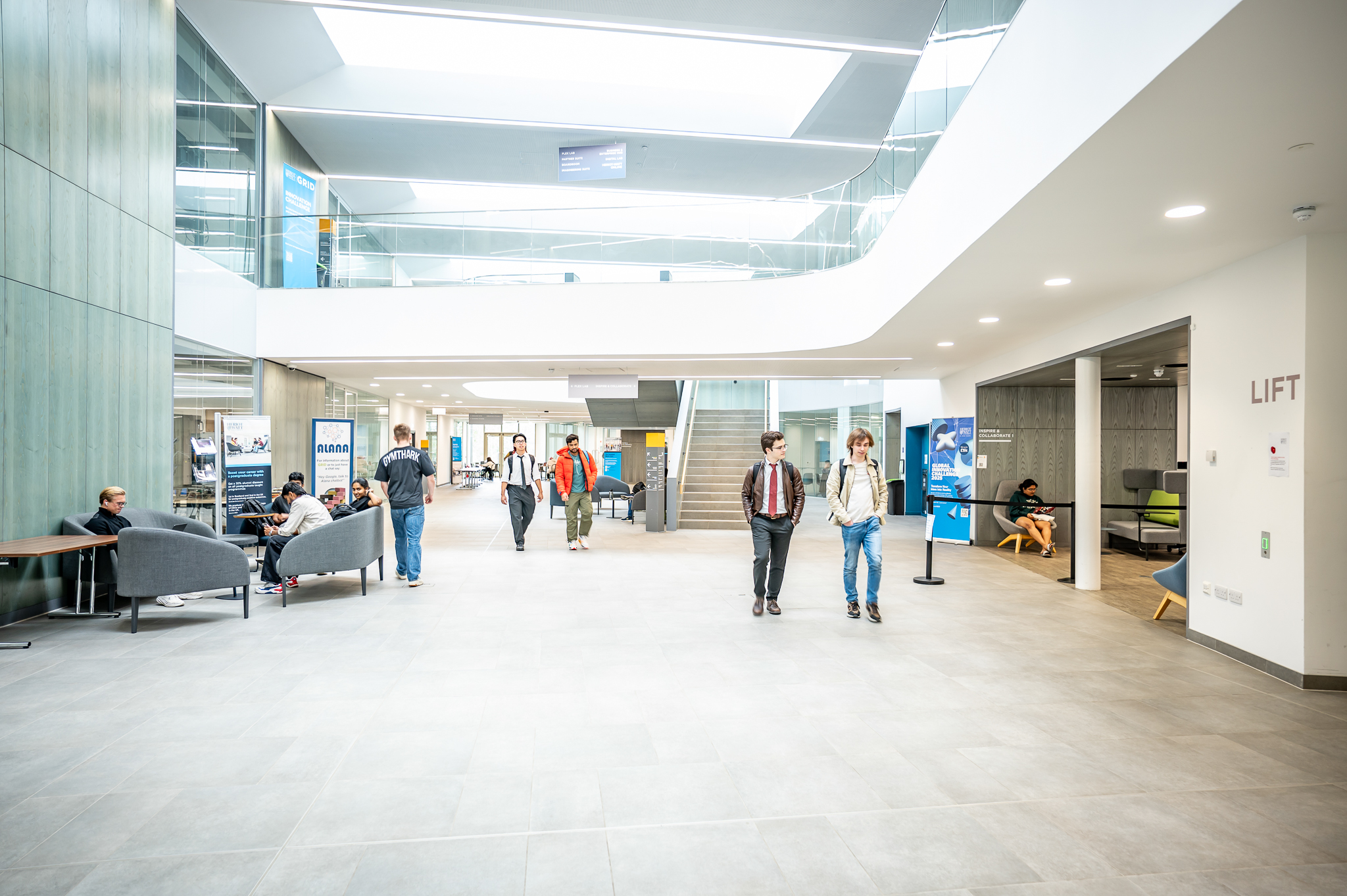 Students in the common area of the Heriot-Watt GRID building   