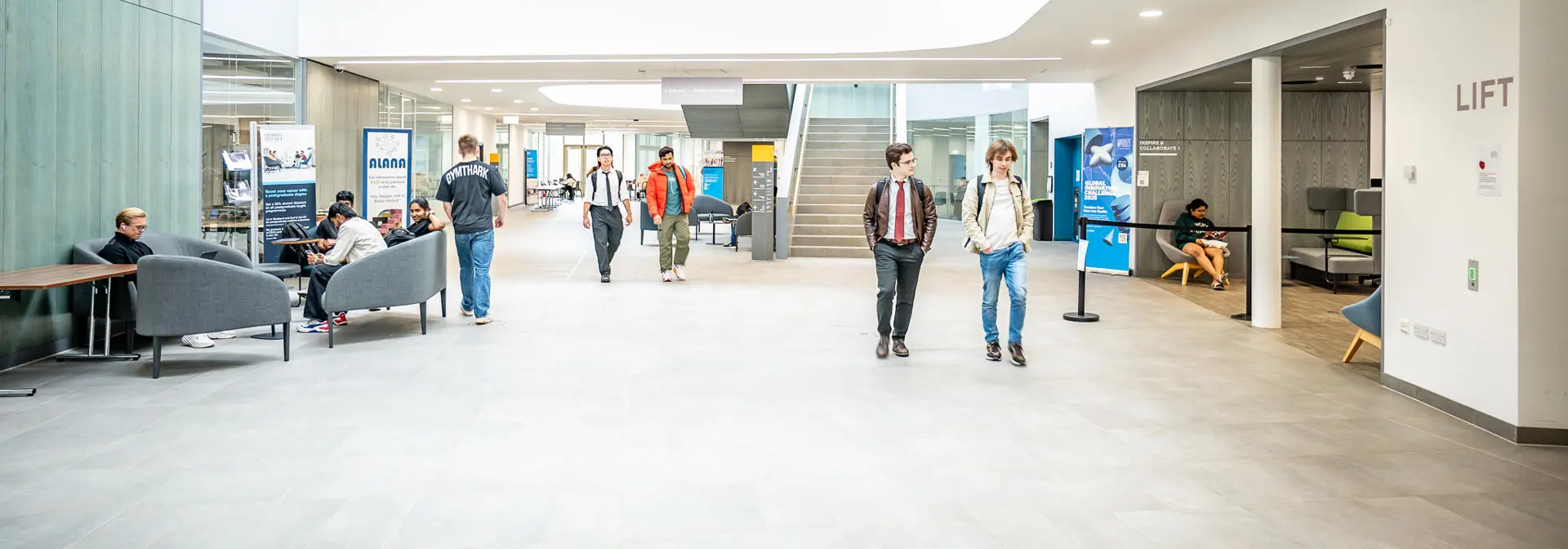 Students in the common area of the Heriot-Watt GRID building