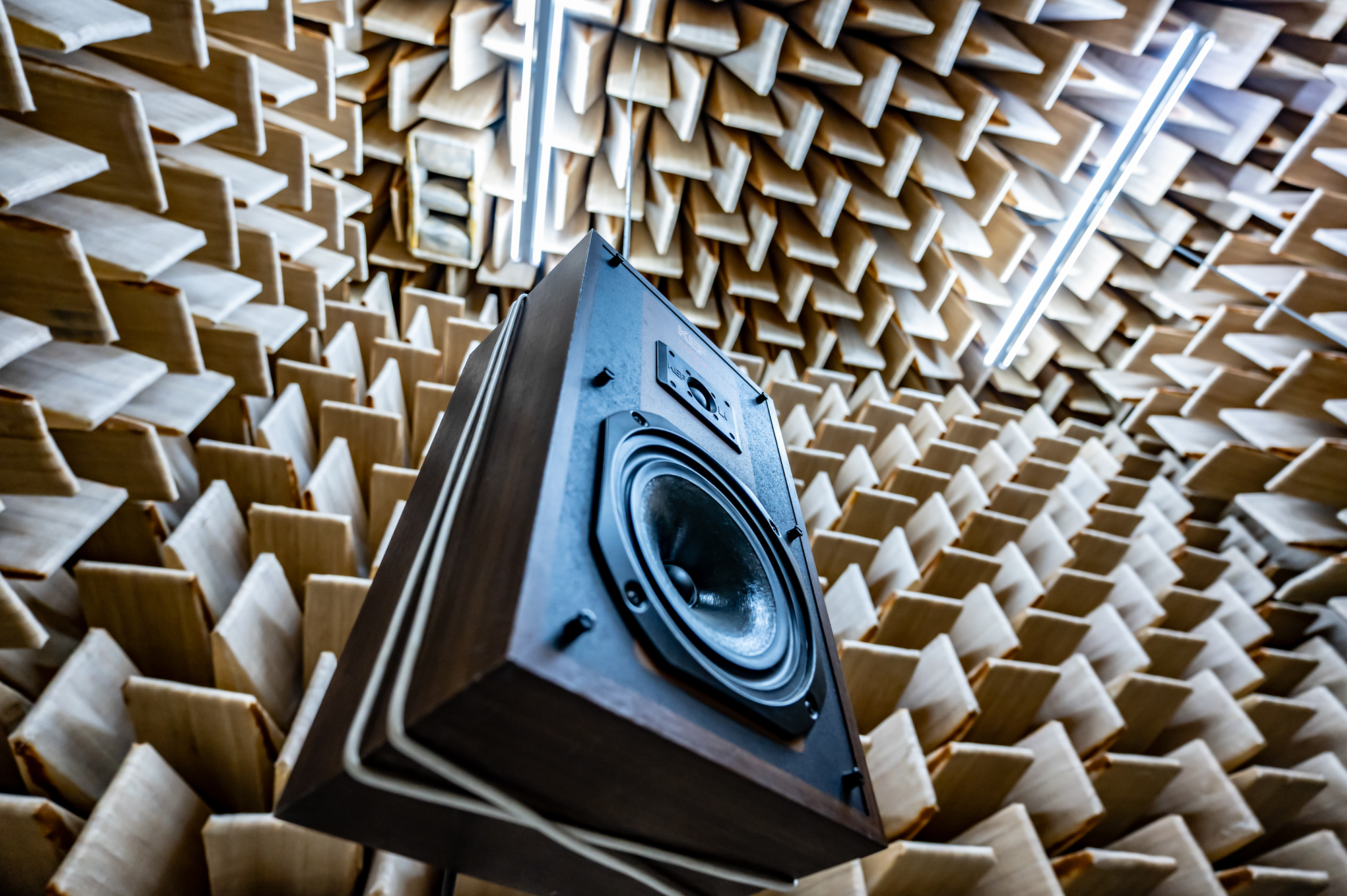A speaker hanging from the ceiling of an anechoic chamber