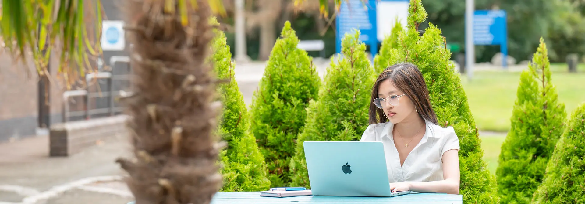 Female sitting on a picnic table with laptop outside with greenery around