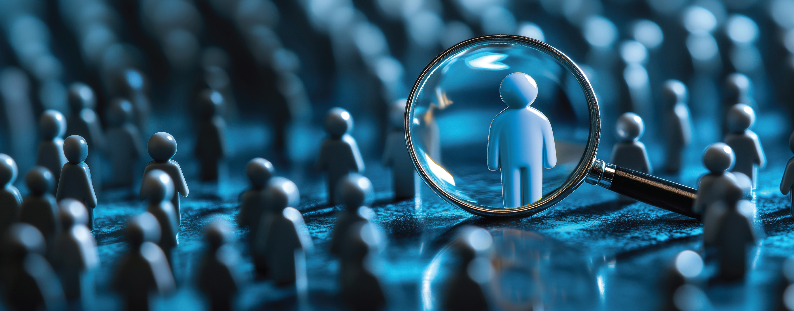 A magnifying glass highlighting a blue plastic figure from a crowd