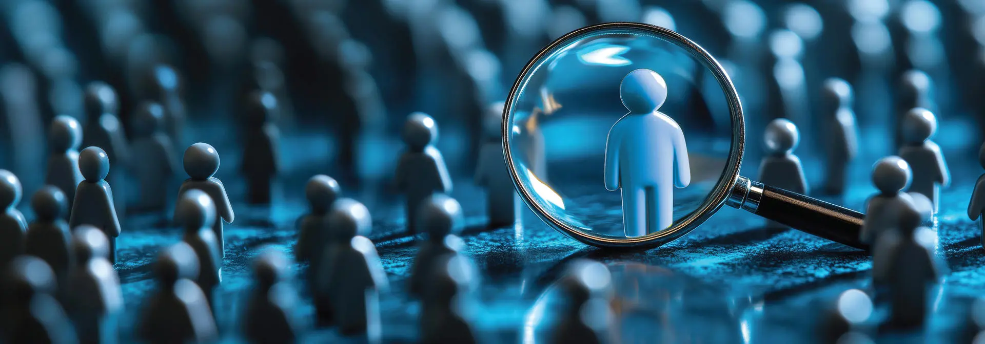 A magnifying glass highlighting a blue plastic figure from a crowd