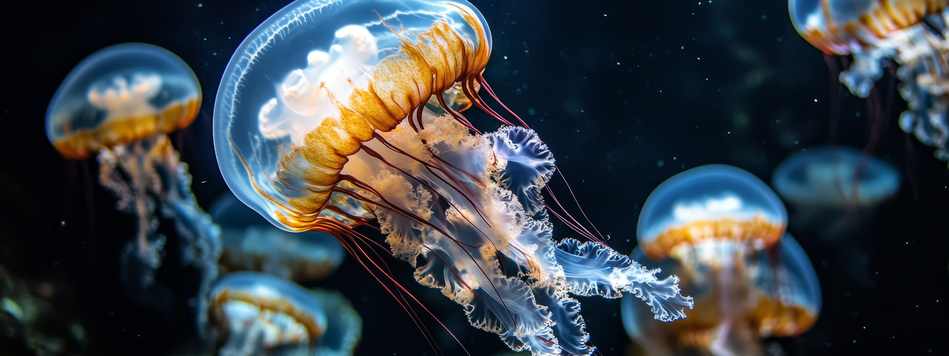 Many jellyfish floating in dark waters 