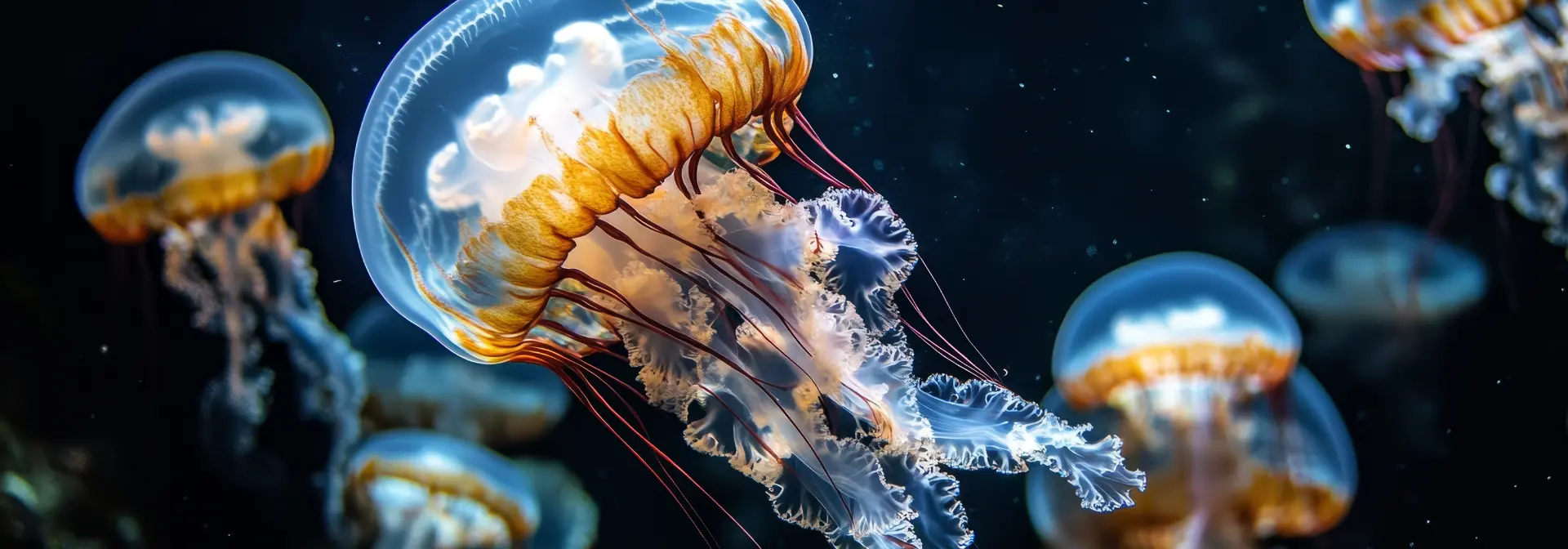 Many jellyfish floating in dark waters