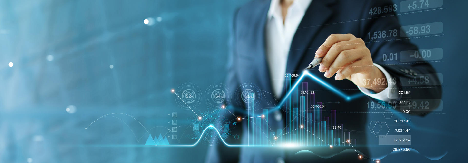 A person in a suit interacts with digital graphs, charts, and stock market data.