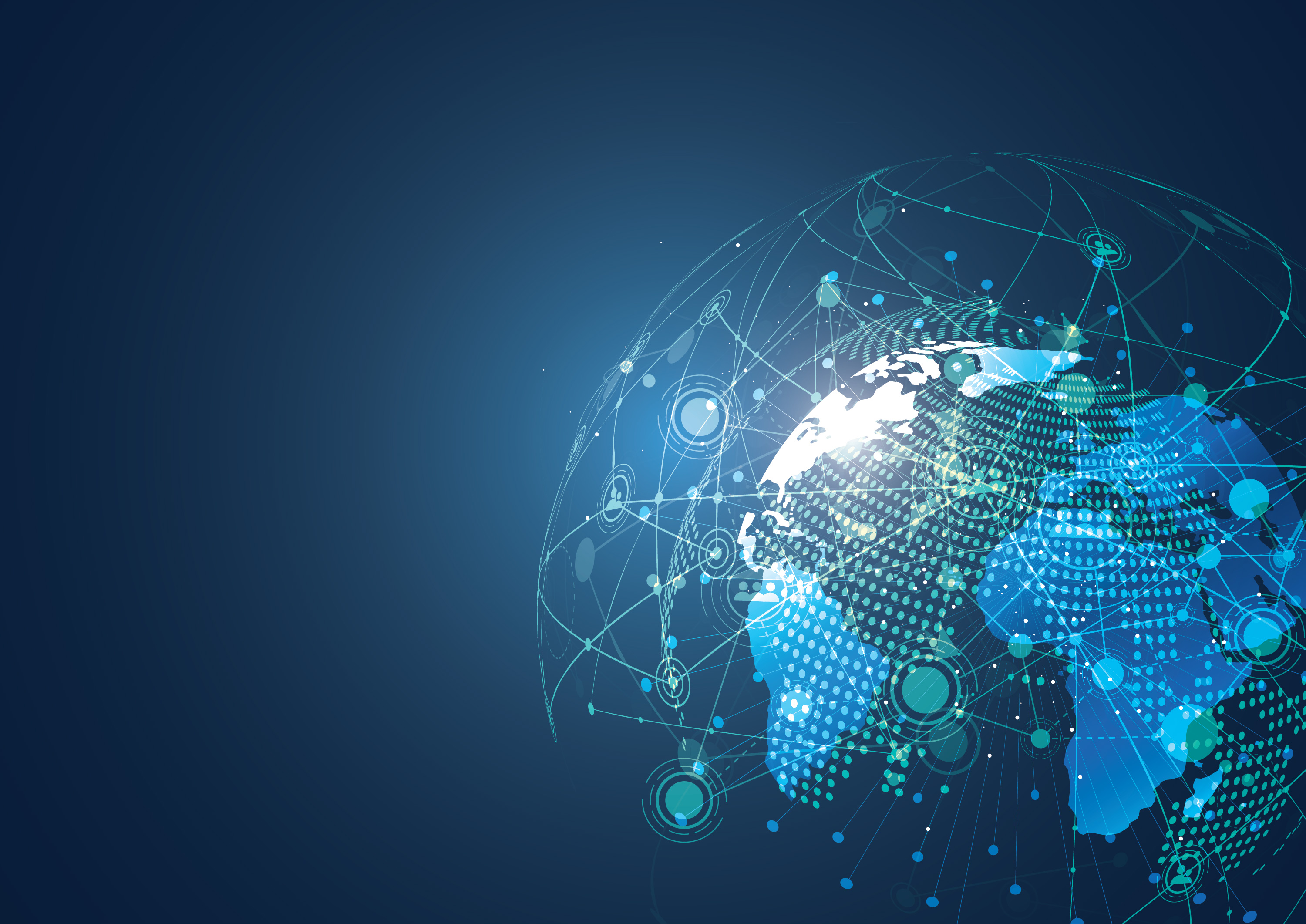 A stylised Earth, overlaid with a network of glowing lines and nodes, representing global connectivity.