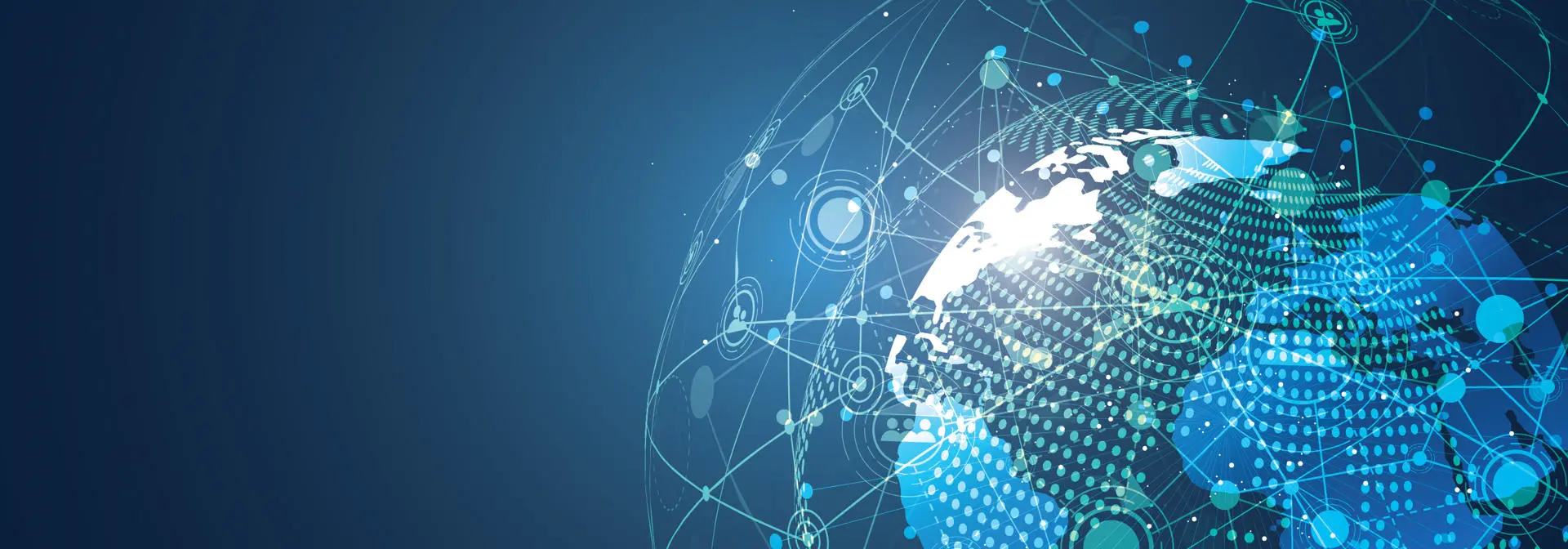 A stylised Earth, overlaid with a network of glowing lines and nodes, representing global connectivity.