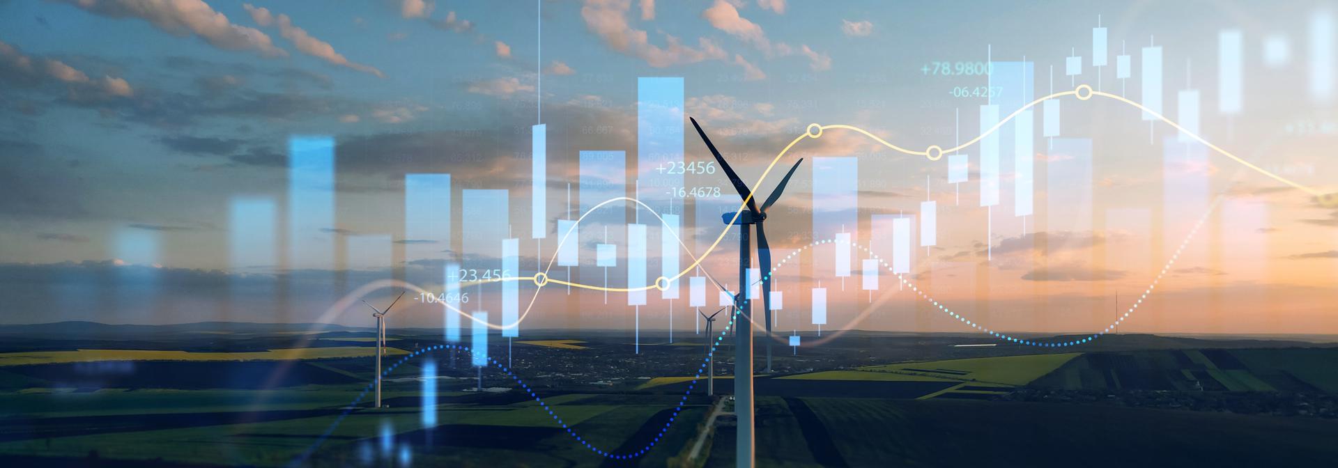 aerial angle of windmill infront of a sunset with overlay of candle chart