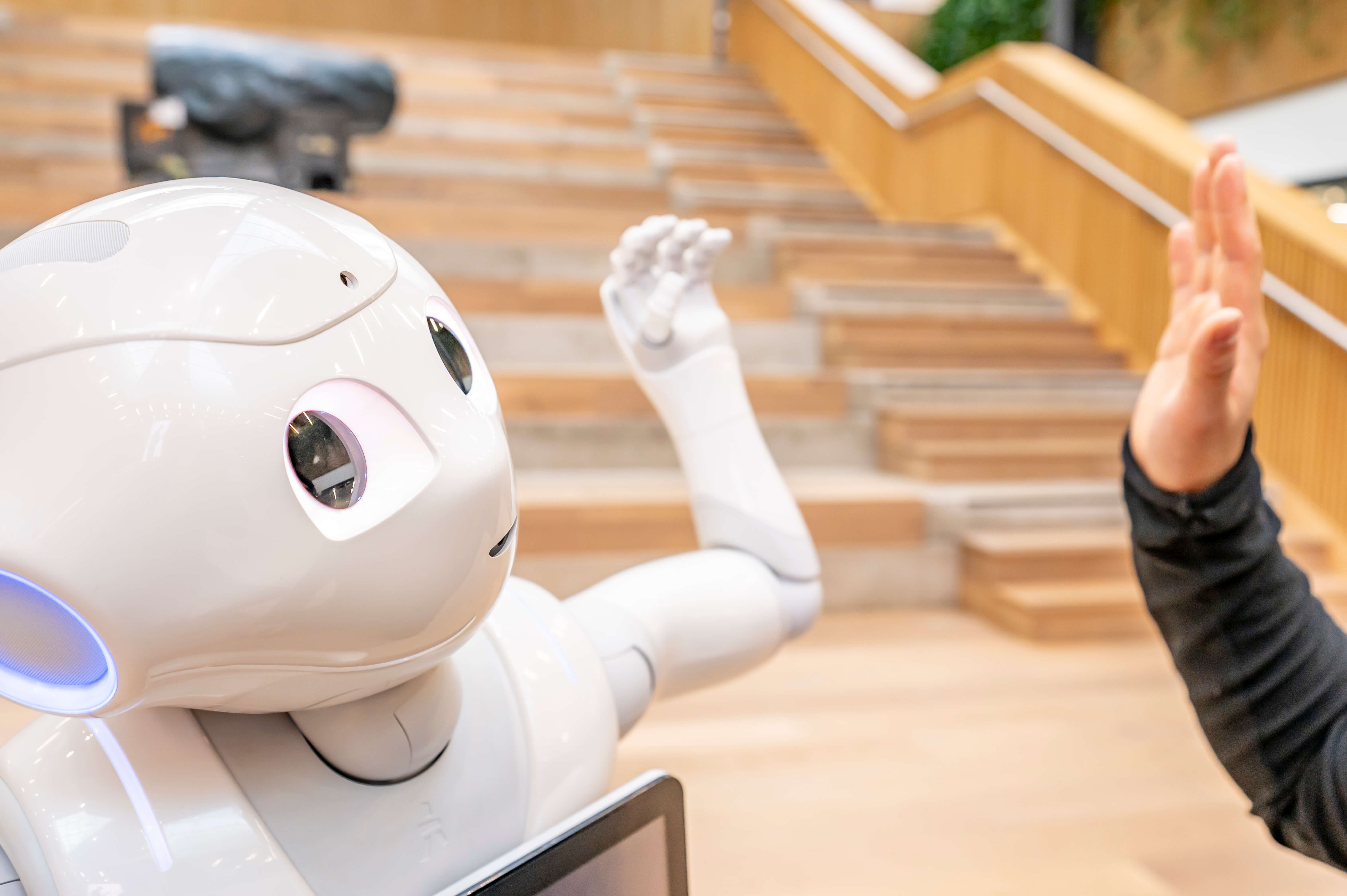 student giving a humanoid robot a high five