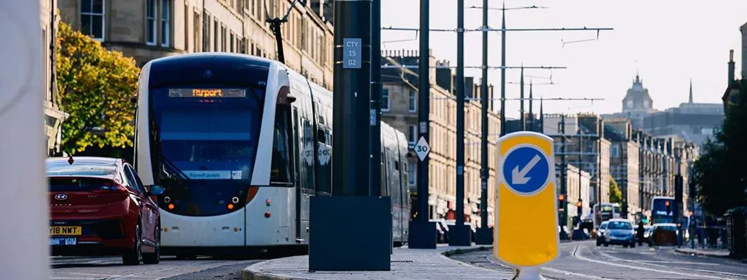 A tram on an Edinburgh street.