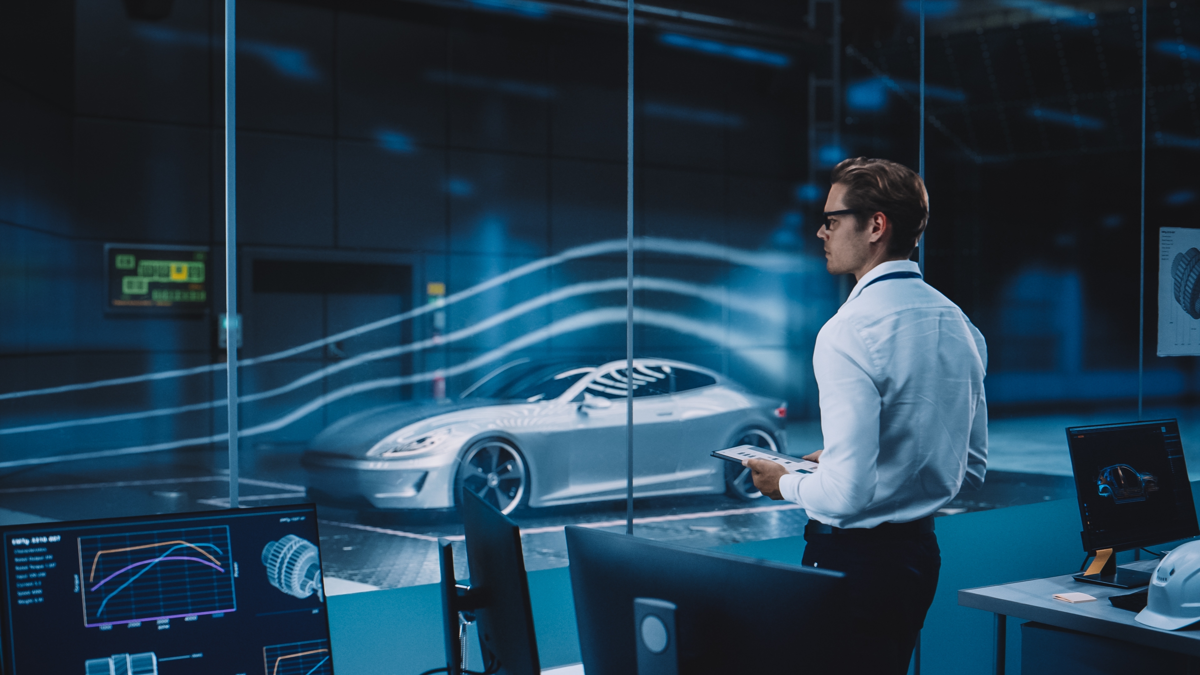 engineer assessing aerodynamics of a car in a wind tunnel 