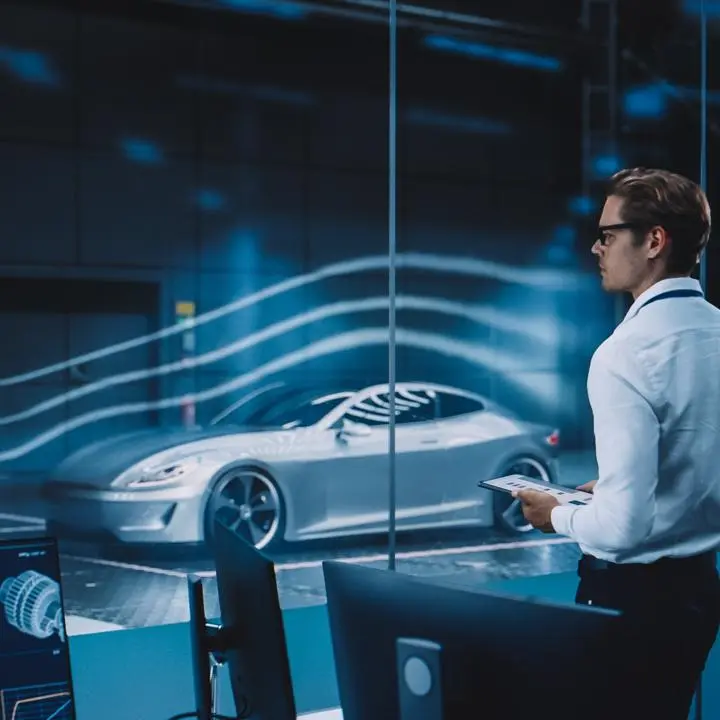 engineer assessing aerodynamics of a car in a wind tunnel