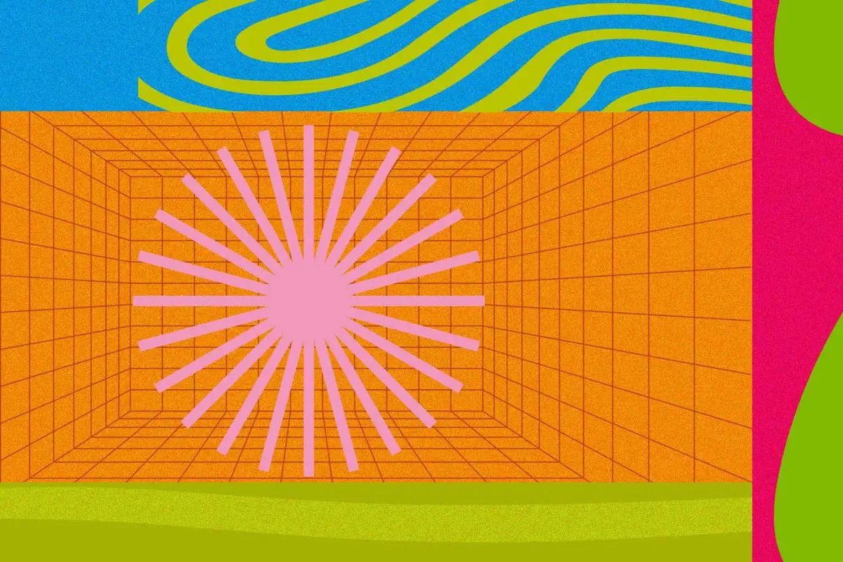 A colorful collage depicting a radiant pink sunburst in an orange gridded room and a dynamic green wave.