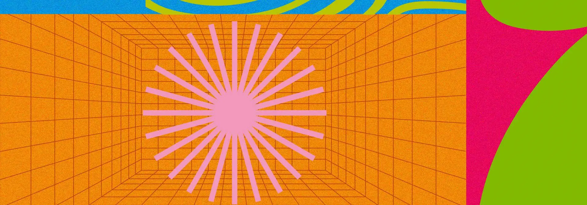 A colorful collage depicting a radiant pink sunburst in an orange gridded room and a dynamic green wave.