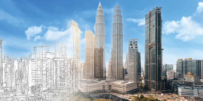 A city skyline graduates from left to right as line drawing to colour photo