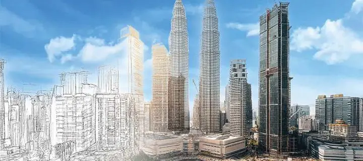 A city skyline graduates from left to right as line drawing to colour photo