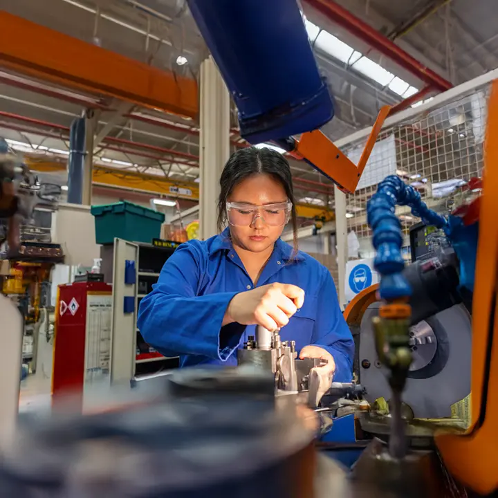 Uriel, aerospace engineering student, in the mechanical engineering workshop