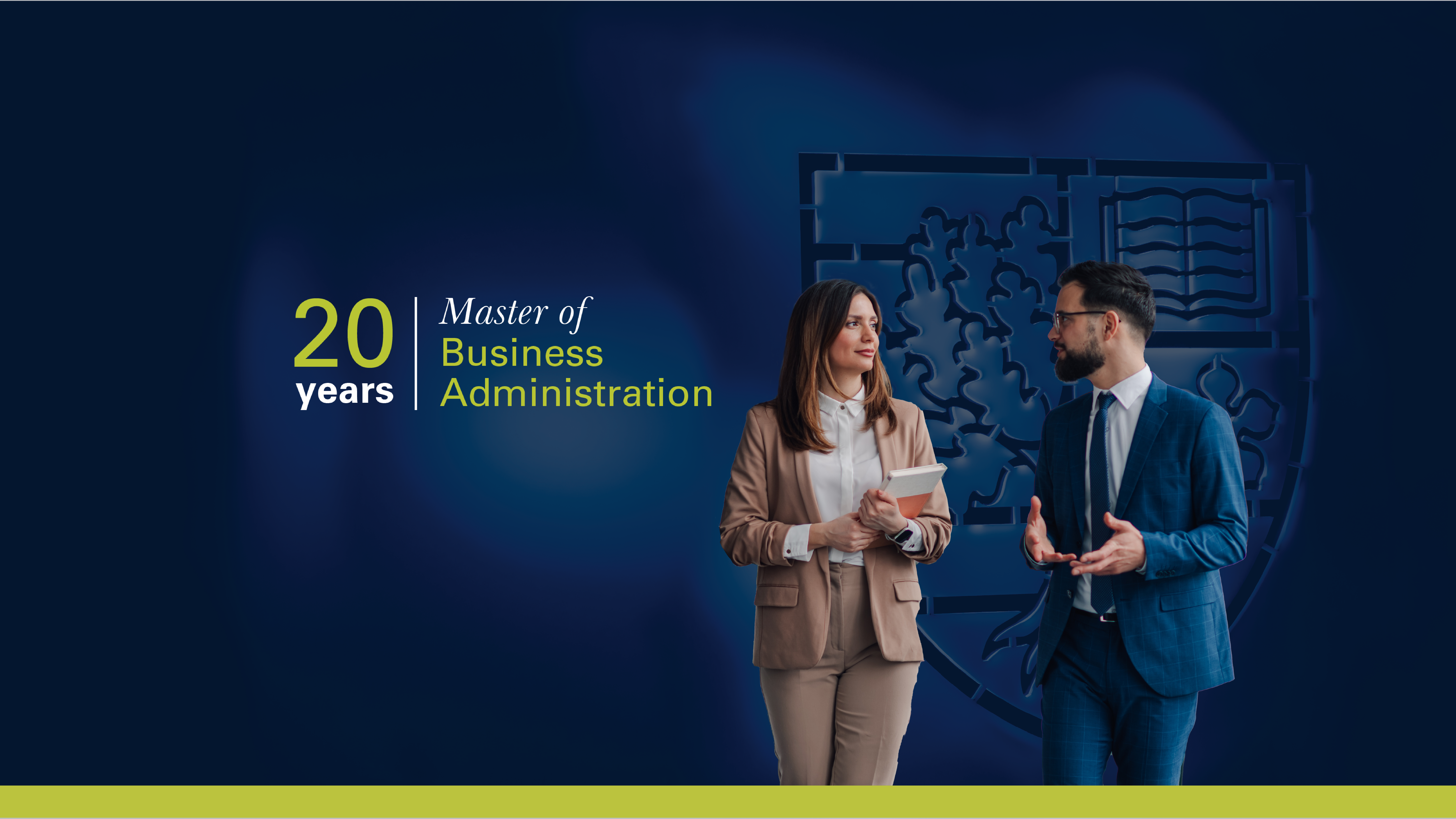 Business executives talking to each other with 20 years of MBA written on the side