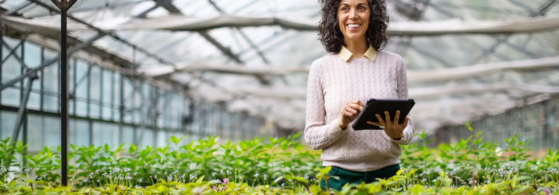 A woman standing in a greenhouse checking on plant growth
