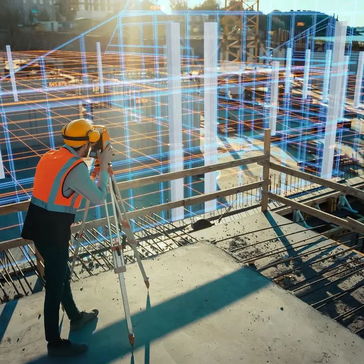 Worker in protective clothing using surveying equipment