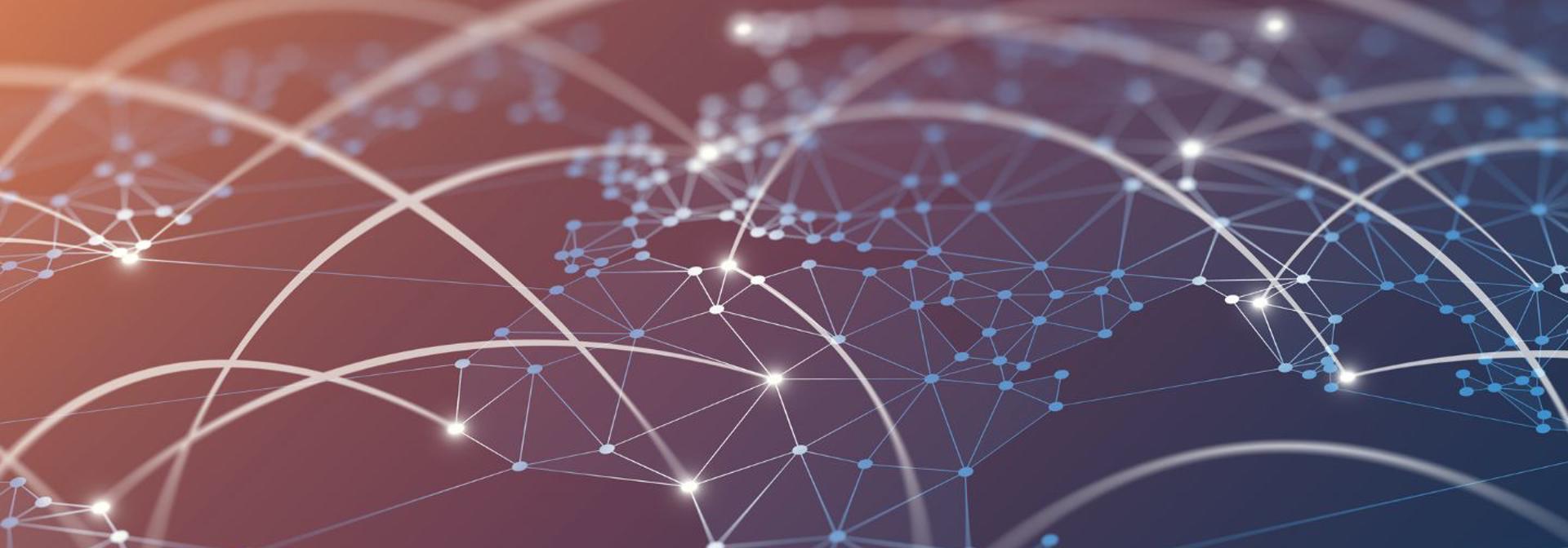 Connected dots across an abstract graphic of a map