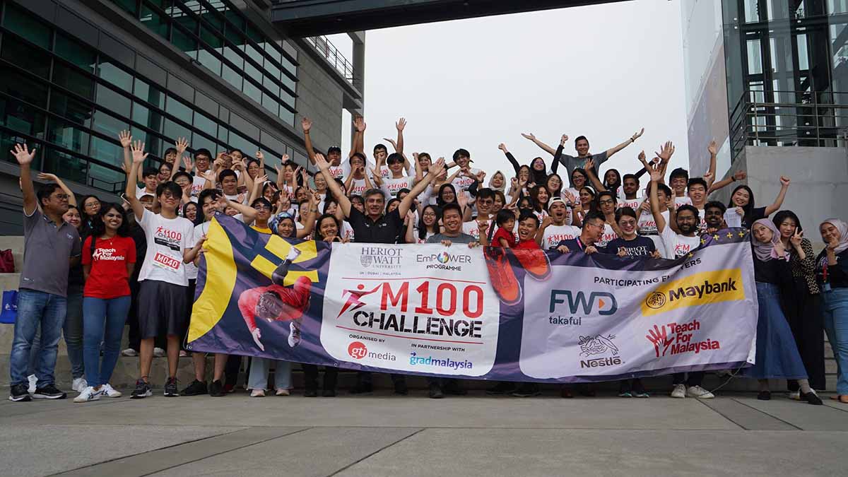 Student group outside the Malaysia Campus hold banners for M100 HWUM 2023