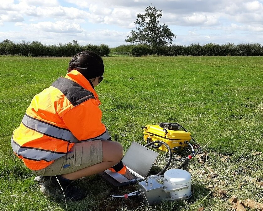 PhD student Paula Gonzalez testing soil for methane leaks