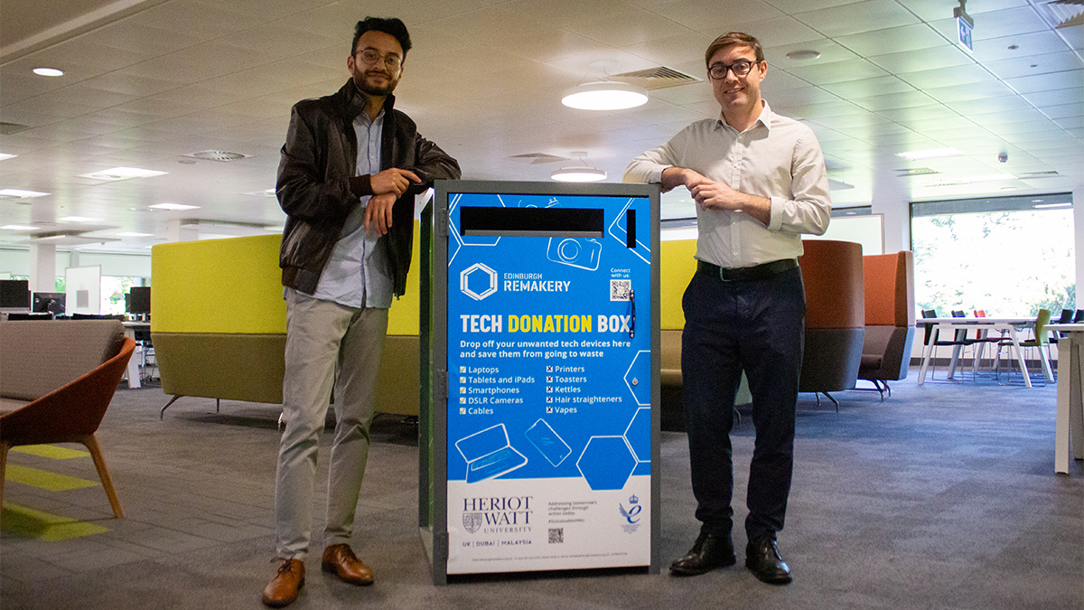 Asrar Qazi, left, and Iain Young with the Tech Donation Box.
