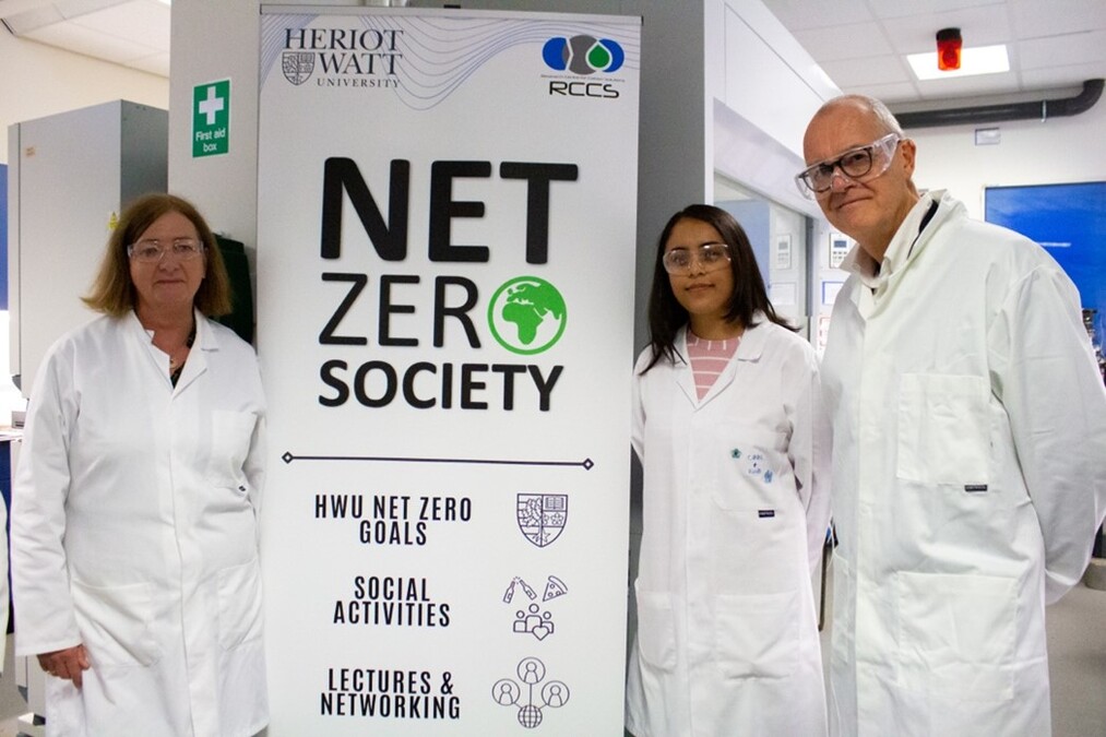 Sir Patrick Valance, Chief Scientific Advisor UK, and Professor Julie Fitzpatrick, Chief Scientific Adviser Scotland, with Ashween Virdee, President of the NetZero Society, during a visit to the RCCS labs.