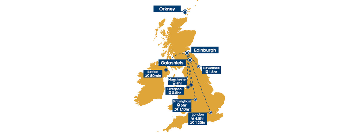  Map of Britain showing travel times from Edinburgh to cities in England