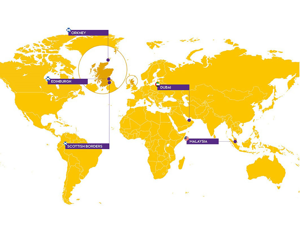 Map of the world showing Heriot-Watt campus locations in the UK, Dubai and Malaysia