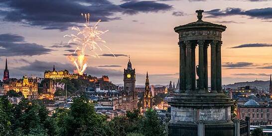 Edinburgh skyline with fireworks over Edinburgh Castle