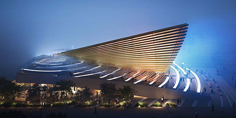 The UK Pavilion illuminated at night at Expo 2020 in Dubai 