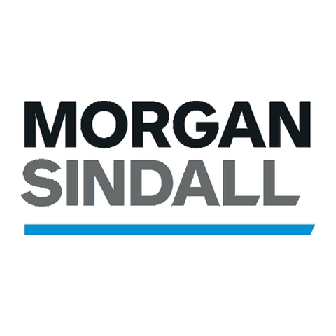 Morgan Sindall logo, black and grey writing with a blue underline