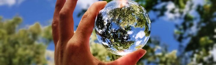 Tree branches and blue sky captured in a glass sphere held aloft by hand