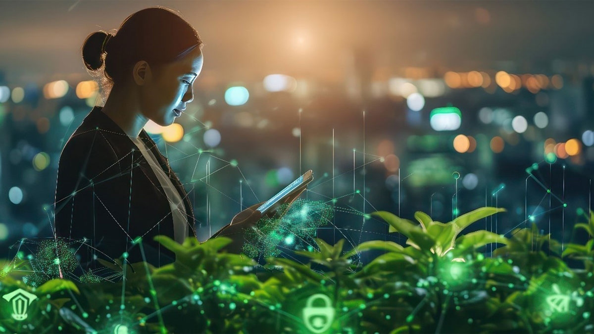 A professional woman in a suit examines a tablet displaying green icons